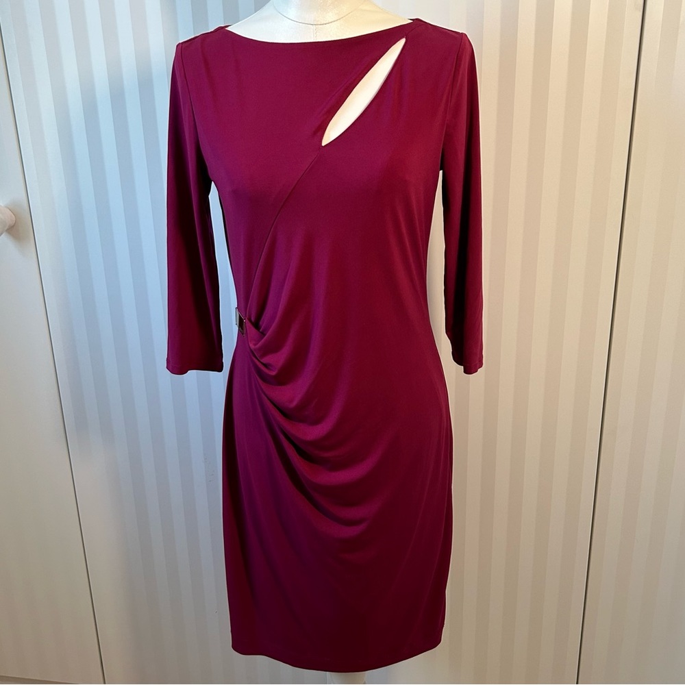 NWOT Jennifer Lopez pink long sleeve slash cutout gathered gold accent dress M